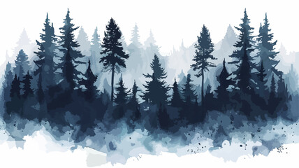 Wald Bäume Winterlich Nebel Wasserfarben Tannen Panorama Landschaft Natur Plakativ - obrazy, fototapety, plakaty