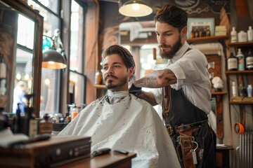 A professional barber giving a haircut to a male client in a vintage styled barber shop