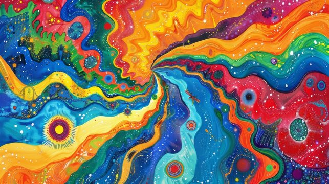 A painting of a colorful abstract design with swirls and waves, AI