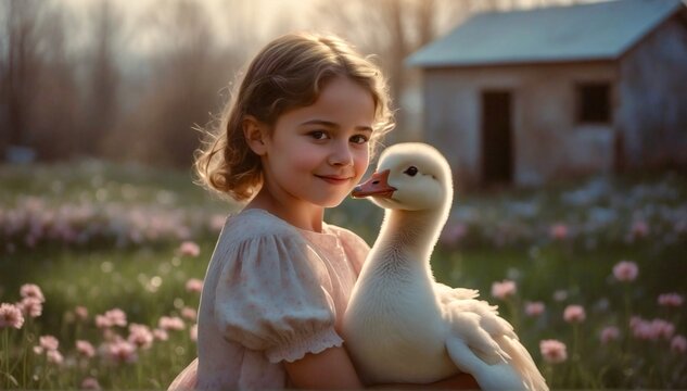 A girl hugs a goose