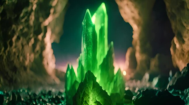 Cinematic Green Crystal Stalagmite in Cave with Night Sky