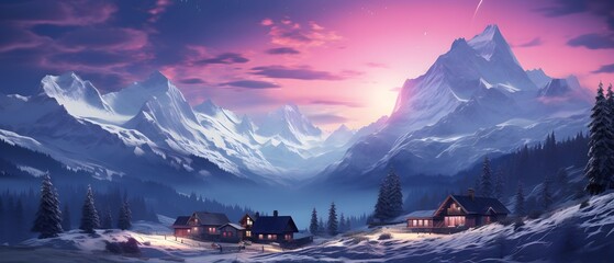 Panorama of a mountain village at sunset. Beautiful winter landscape.