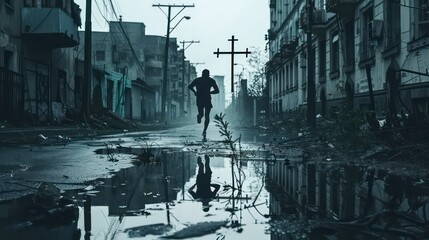 Silhouette of a man running towards a cross, in the streets of an abandoned city with puddles on a rainy day