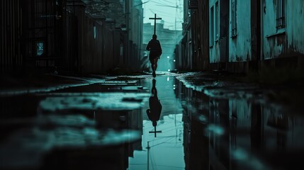 Silhouette of a man running towards a cross, in the streets of an abandoned city with puddles on a rainy day