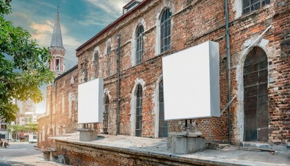 Two white blank billboards on old brick building in city, blank white Billboard on street