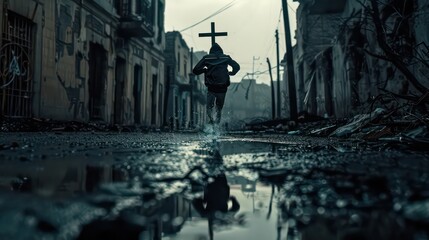 Silhouette of a man running towards a cross, in the streets of an abandoned city with puddles on a rainy day