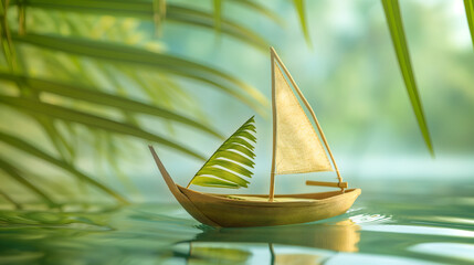 Serene model sailboat floating among palm reflections