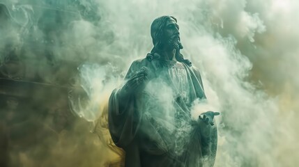 Fototapeta premium Statue of Jesus Christ in smoke,