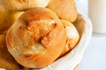 homemade buns. Homemade buns on wood board with wheat ears. Homemade Dinner Rolls, selective focus