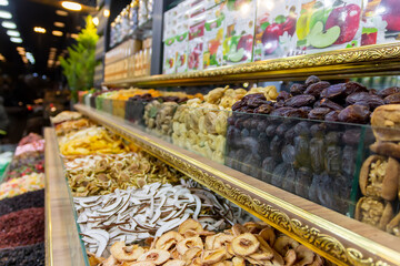 Egyptian bazaar with lots of spices, dry fruits and tea, Istanbul, Turkey. The historical market is...