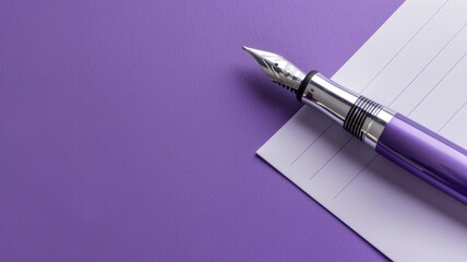 Silver fountain pen on lined white notepad, purple background