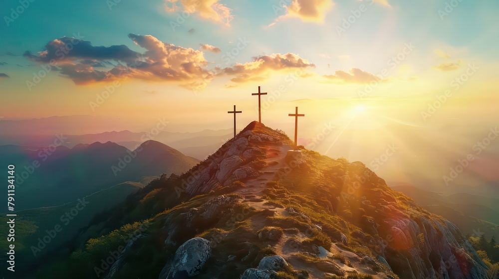 Wall mural three crosses on top of the mountain in the sunlight. christian symbols - Wall murals