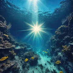 Naklejka premium Sunlight Piercing Through the Clear Blue Waters Over a Coral Reef Teeming With Tropical Fish