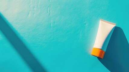 White tube with orange cap on blue textured background, shadow left