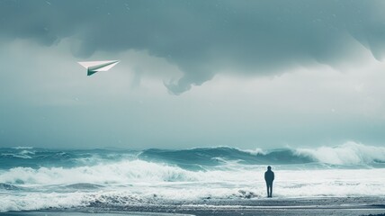 Person watching paper plane fly over stormy sea