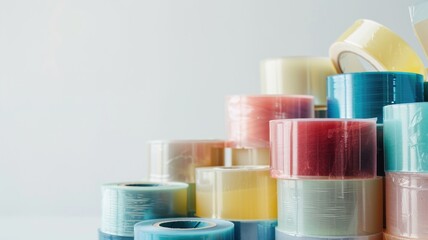 Assortment of colorful adhesive tapes stacked against bright background