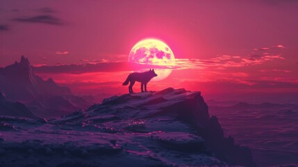 A lone wolf standing on a cliff looking at the sun, AI
