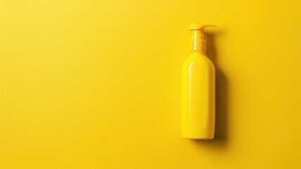 Yellow pump bottle on yellow background, hygiene concept with monochromatic scheme