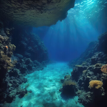 Underwater cave with sunlight streaming through pristine blue waters