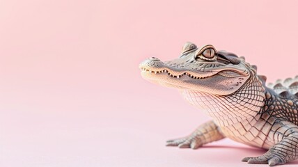 Fototapeta premium Baby alligator on soft pink background