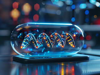 medical capsule with a DNA molecule structure inside. - obrazy, fototapety, plakaty