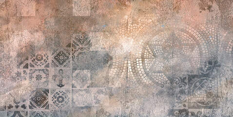 Old brown gray rusty vintage worn geometric shabby mosaic ornate patchwork motif porcelain stoneware tiles stone concrete cement wall texture background banner panorama .
 - Powered by Adobe
