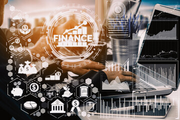 Finance and Money Transaction Technology Concept. Icon Graphic interface showing fintech trade exchange, profit statistics analysis and market analyst service in modern computer application. uds