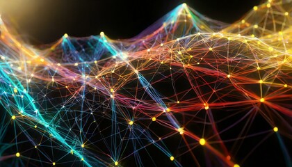 3D render of glowing network connections and neural networks on a black background,3d render