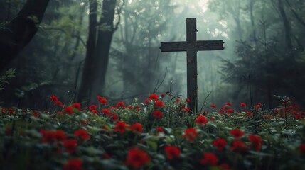 Wooden cross in the middle of the forest with red flower - obrazy, fototapety, plakaty