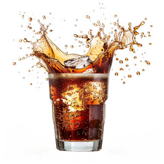 Splash of coke and ice cubes isolated on white background. Cola soda with ice in glass with splash. Cola with ice. Texture of carbonate drink with bubbles in glass. Cold drink background.
