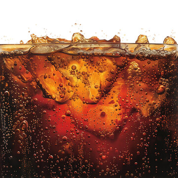 Cola with ice in glass. .Close up of ice cubes in cola water. Texture of carbonate drink with bubbles in glass. Cola soda and ice splashing. Cold drink background.