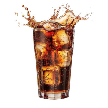 Splash of coke. Cola soda with ice in glass with splash isolated on transparent background, png style. Mockup template for artwork design.
