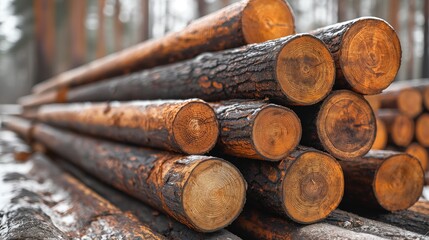 pile of sawn logs in forest - obrazy, fototapety, plakaty