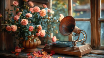 retro gramophone with a record and flowers around

