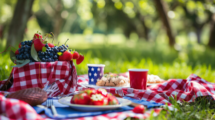 A picnic set up in a park, complete with red, white, and blue themed decorations for a Fourth of July celebration. , natural light, soft shadows, with copy space, blurred backgroun