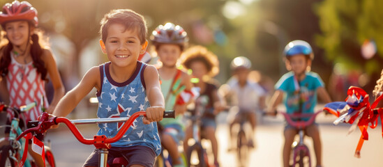 Children in a small town parade, riding bicycles adorned in red, white, and blue, celebrating Independence Day. , natural light, soft shadows, with copy space, blurred background