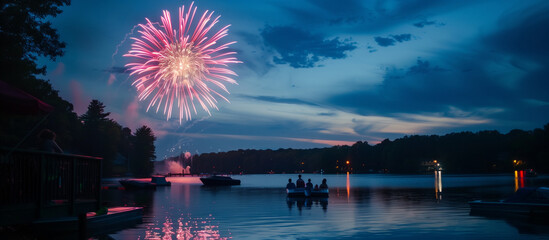 A spectacular fireworks show over a lake, with families watching from boats and the shoreline, enjoying the evening's celebrations. , natural light, soft shadows, with copy space,