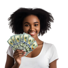 Young black woman holding and showing US dollar notes bills to the camera over transparent background, African lady happy smiling hand money cash American currency	