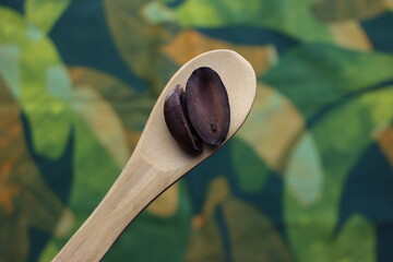 Brazilian seed Puxuri (Licaria puchury-major) above a wooden spoon in a colorful background with...