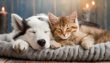Fototapeta na wymiar Cat and dog sleep together