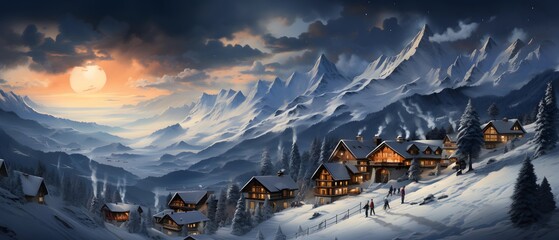 Winter mountain village panorama. Panoramic view of snow-capped mountains at sunset. - Powered by Adobe