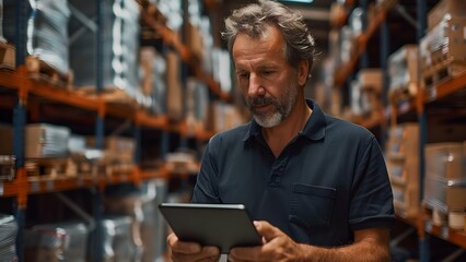 Middle-aged man utilizes tablet for accounting and inventory management in warehouse. Concept Warehouse Management, Inventory Control, Tablet Usage, Accounting System, Middle-aged Man - obrazy, fototapety, plakaty
