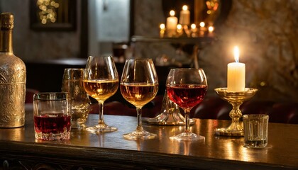 Crystal glasses with amber whiskey, ruby wine, and pale champagne rest on a dimly lit bar