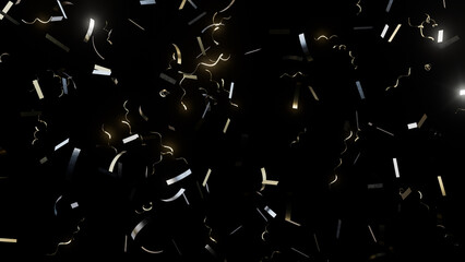 Golden flickering confetti party popper falling on black background