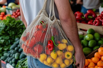 Man with Reusable Mesh Bag at Farmers Market, Zero Waste Grocery Shopping Concept