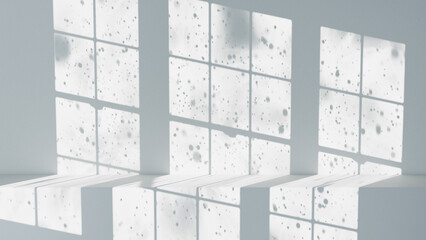 3D illustration of winter time with falling snow behind window