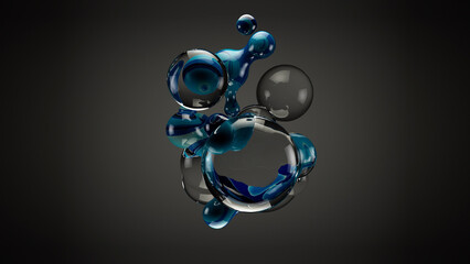 Abstract morph liquid forms of water and blue metal on ramp background.