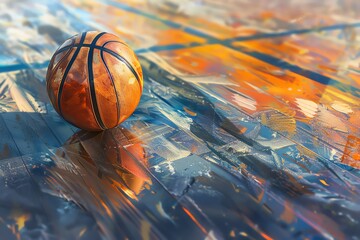 A detailed depiction of the texture and lines of a basketball sitting on the glossy stadium court floor