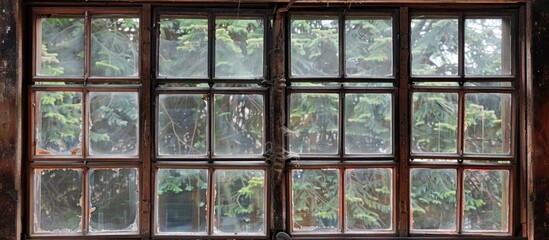 A window overlooking lush trees