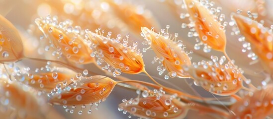 Vibrant macro style of a cluster of seed pods with dew covered details showcasing the natural beauty and intricate patterns found in the natural world - obrazy, fototapety, plakaty
